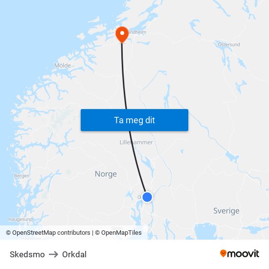 Skedsmo to Orkdal map