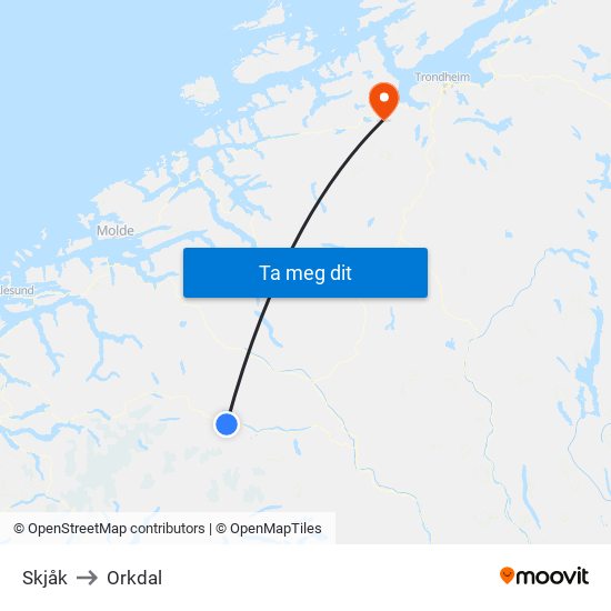 Skjåk to Orkdal map