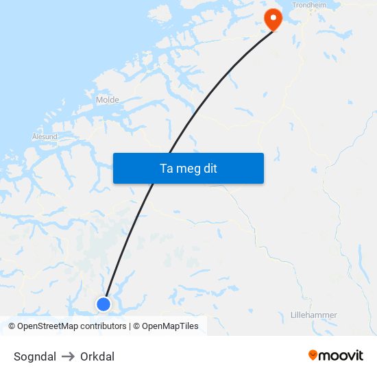 Sogndal to Orkdal map