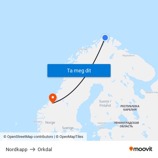 Nordkapp to Orkdal map