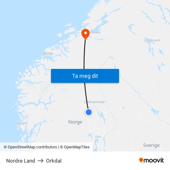 Nordre Land to Orkdal map