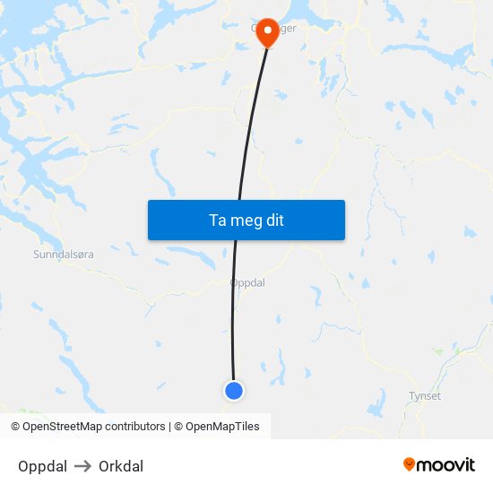Oppdal to Orkdal map