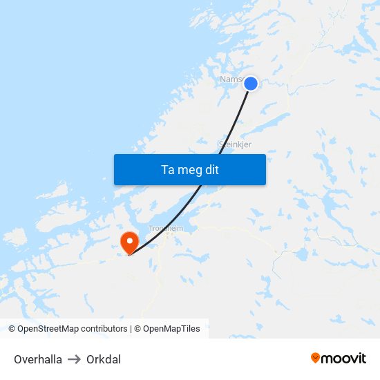 Overhalla to Orkdal map