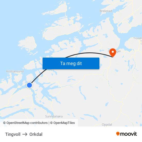 Tingvoll to Orkdal map