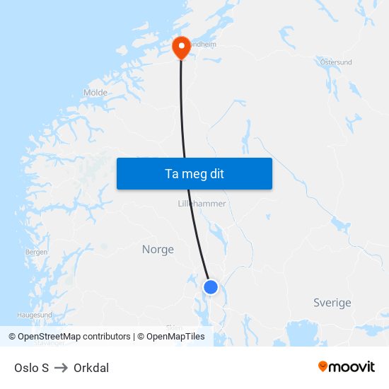 Oslo S to Orkdal map
