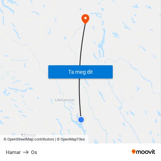 Hamar to Os map