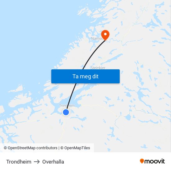 Trondheim to Overhalla map