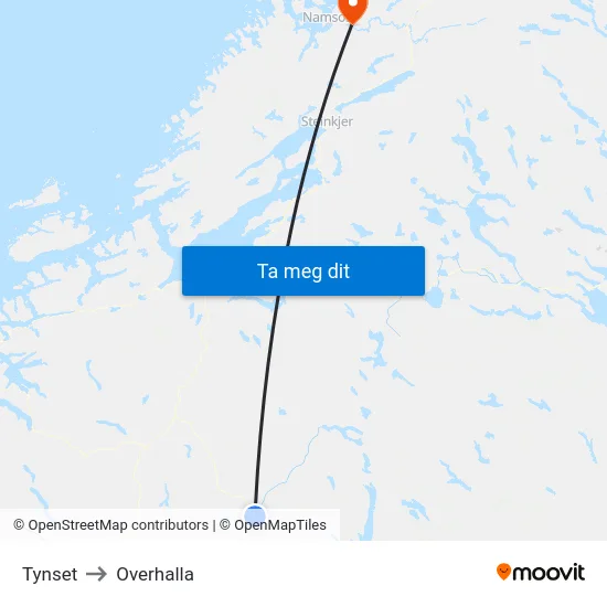 Tynset to Overhalla map