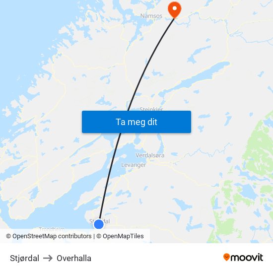 Stjørdal to Overhalla map