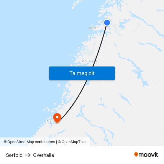 Sørfold to Overhalla map