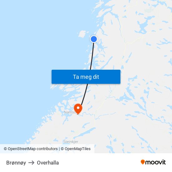 Brønnøy to Overhalla map