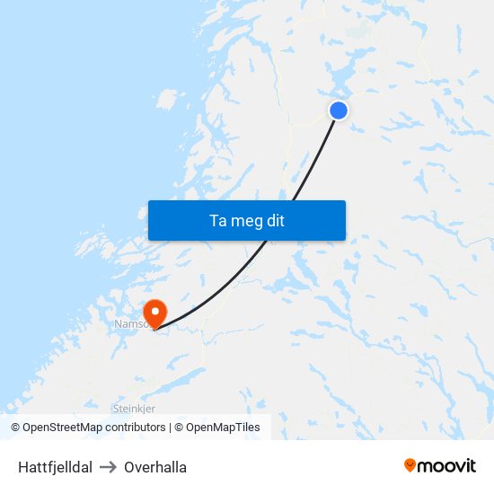Hattfjelldal to Overhalla map
