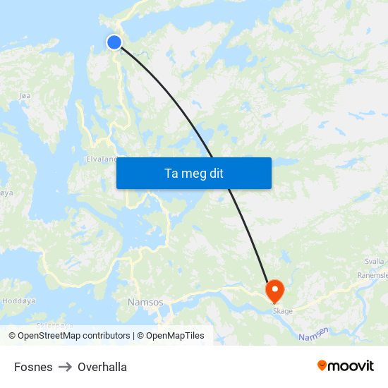 Fosnes to Overhalla map