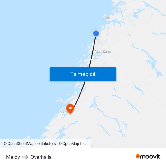 Meløy to Overhalla map