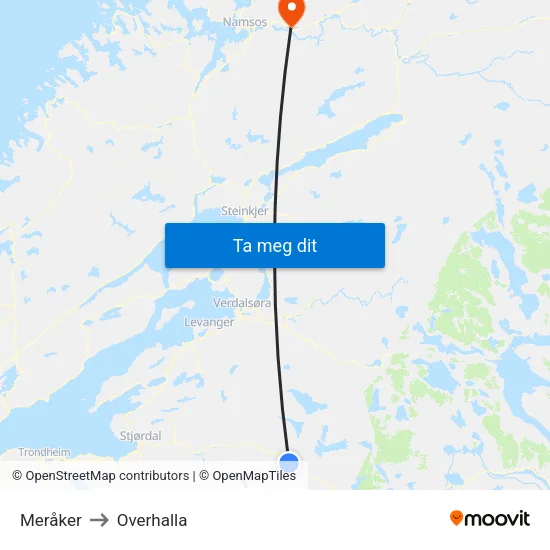 Meråker to Overhalla map