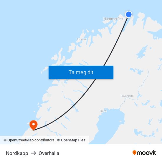 Nordkapp to Overhalla map