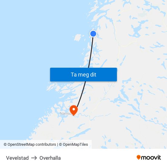 Vevelstad to Overhalla map