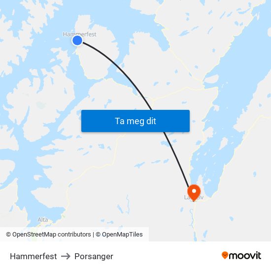 Hammerfest to Porsanger map