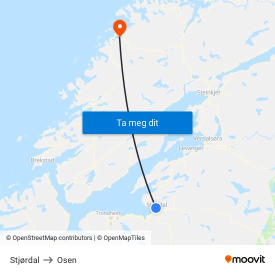 Stjørdal to Osen map