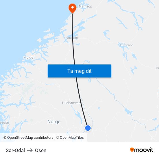 Sør-Odal to Osen map