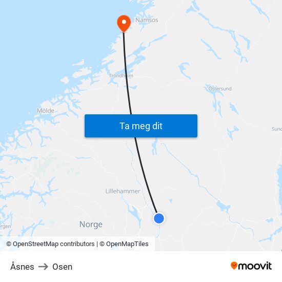 Åsnes to Osen map