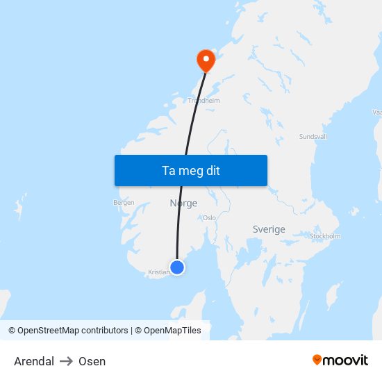 Arendal to Osen map