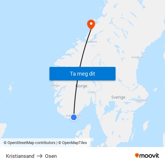 Kristiansand to Osen map