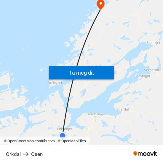 Orkdal to Osen map