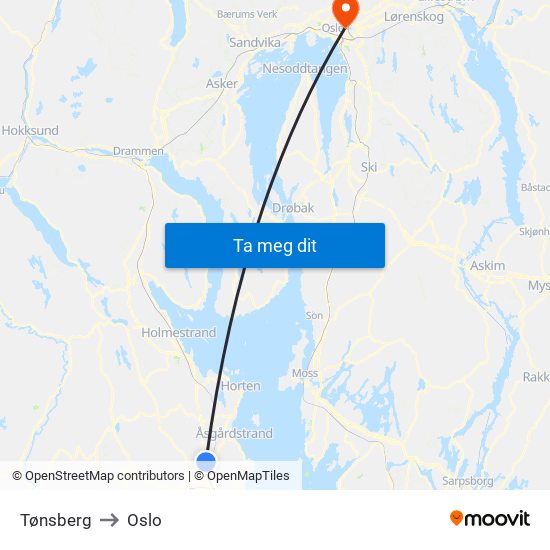 Tønsberg to Oslo map