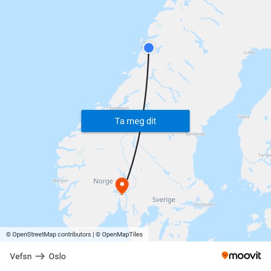 Vefsn to Oslo map