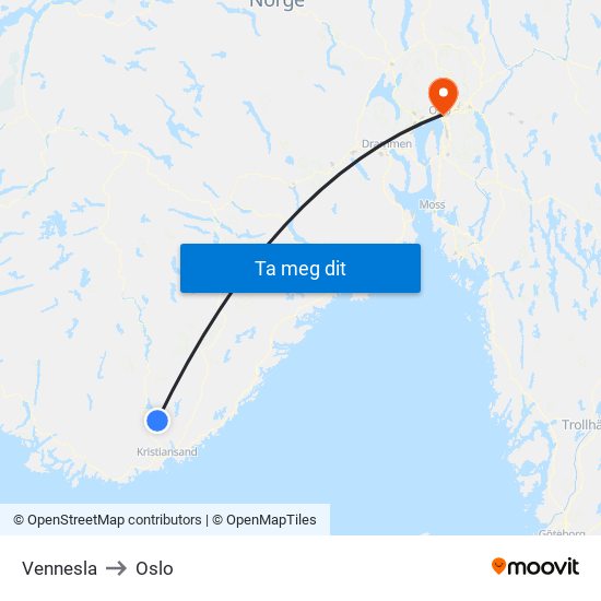 Vennesla to Oslo map