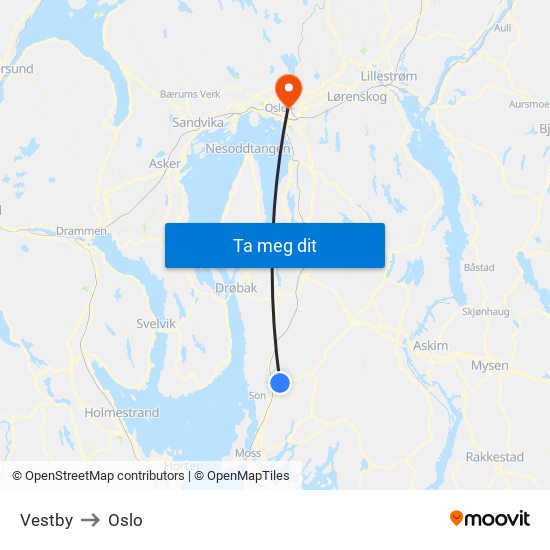 Vestby to Oslo map