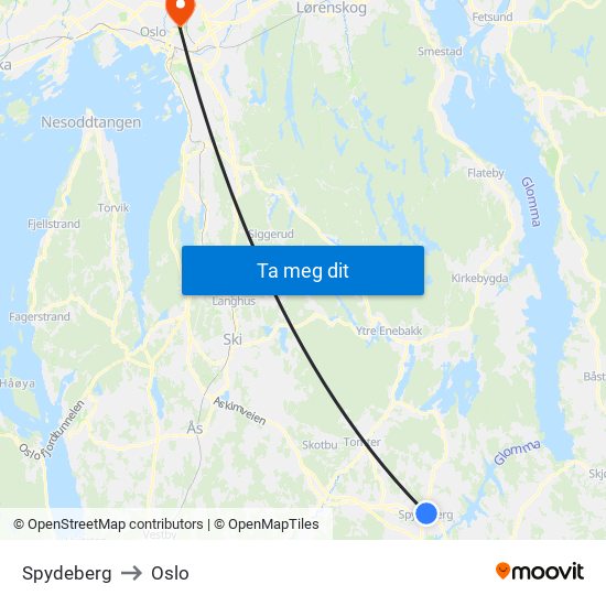Spydeberg to Oslo map