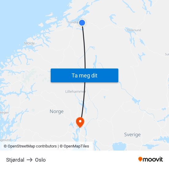 Stjørdal to Oslo map