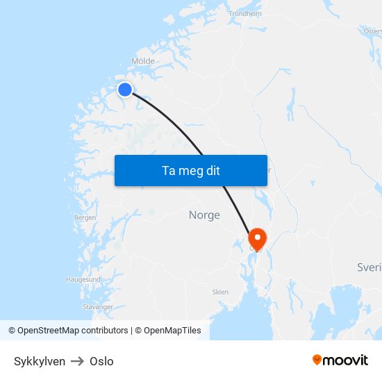 Sykkylven to Oslo map