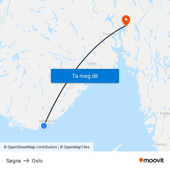 Søgne to Oslo map