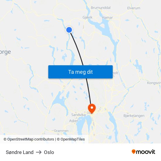 Søndre Land to Oslo map