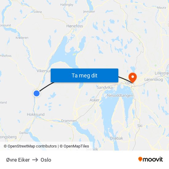 Øvre Eiker to Oslo map