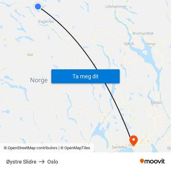 Øystre Slidre to Oslo map