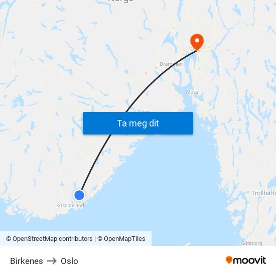 Birkenes to Oslo map