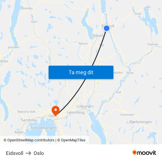 Eidsvoll to Oslo map