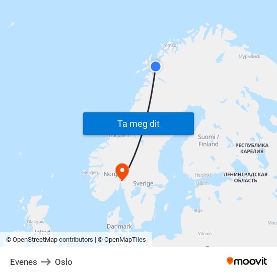 Evenes to Oslo map