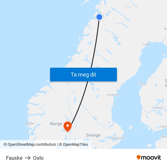 Fauske to Oslo map