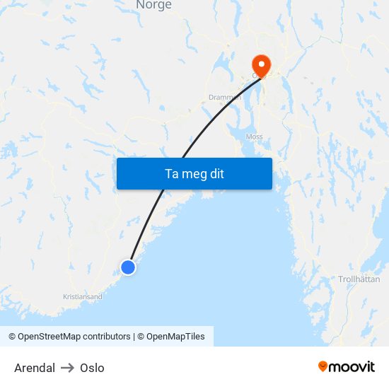 Arendal to Oslo map