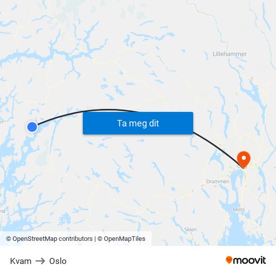 Kvam to Oslo map