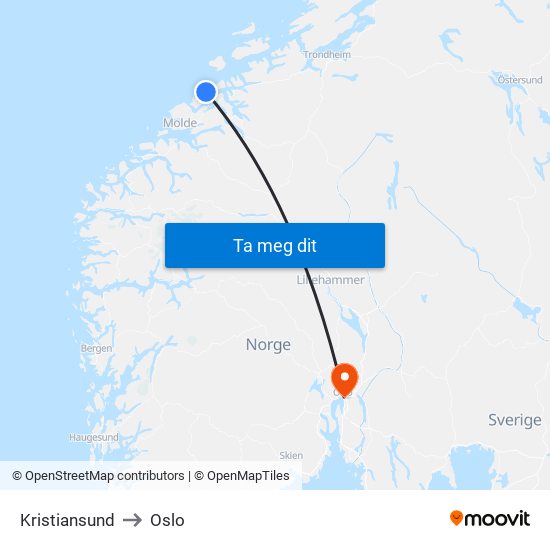 Kristiansund to Oslo map