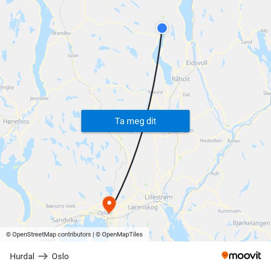Hurdal to Oslo map