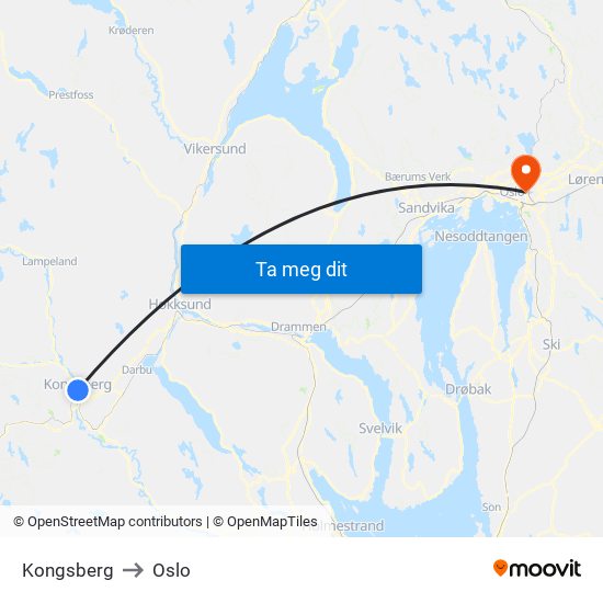 Kongsberg to Oslo map