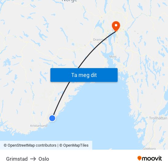 Grimstad to Oslo map