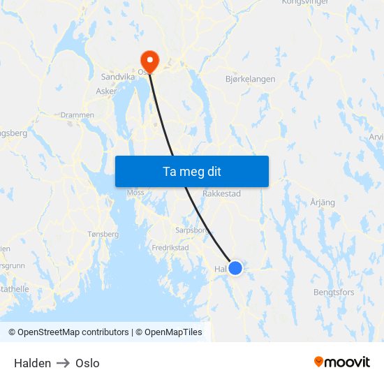 Halden to Oslo map